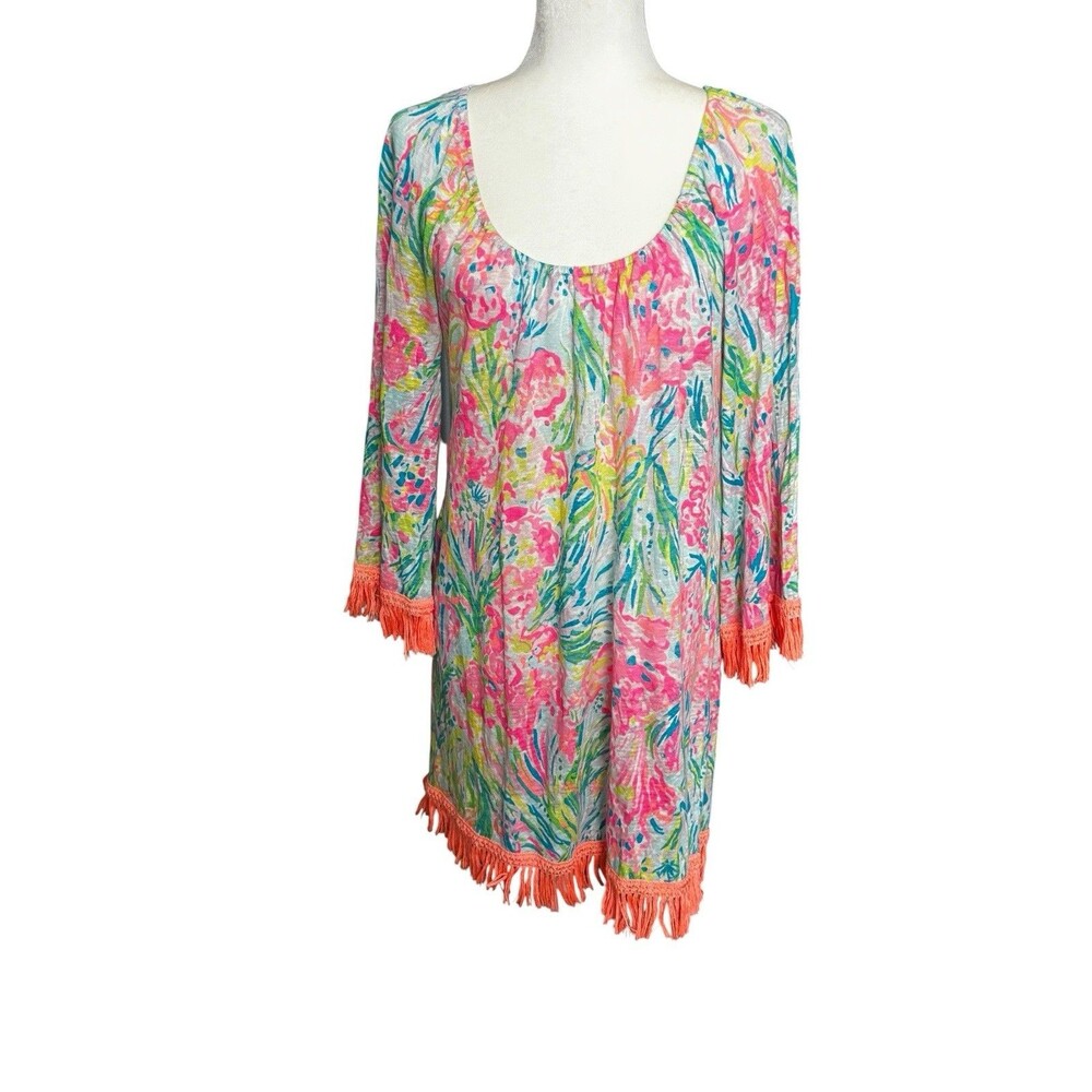 Lilly Pulitzer Getaway Swim Cover Up Sz. S Dress Fan Sea Print Fringe Linen